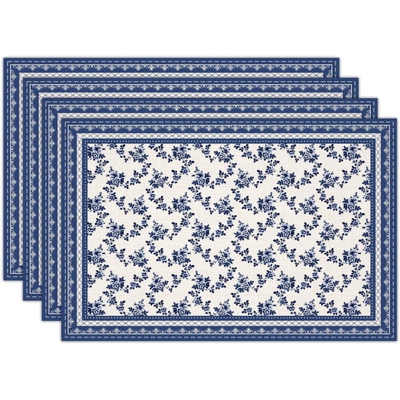 Blue Floral Branches Linen Placemats Set of 4, Chinoiserie Waterproof Washable Heat Resistant Place Mats 12x18 Inch, Table Mat for Restaurant Outdoor Indoor Home Kitchen Party Dining Decoration