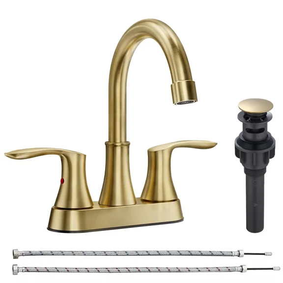 4 Inch 2 Handle Centerset Brushed Gold Lead-Free Modern Bathroom Faucet, 360 Swivel Spout 2-3 Hole RV Bathroom Vanity Sink Faucet with Pop Up Drain and Water Supply