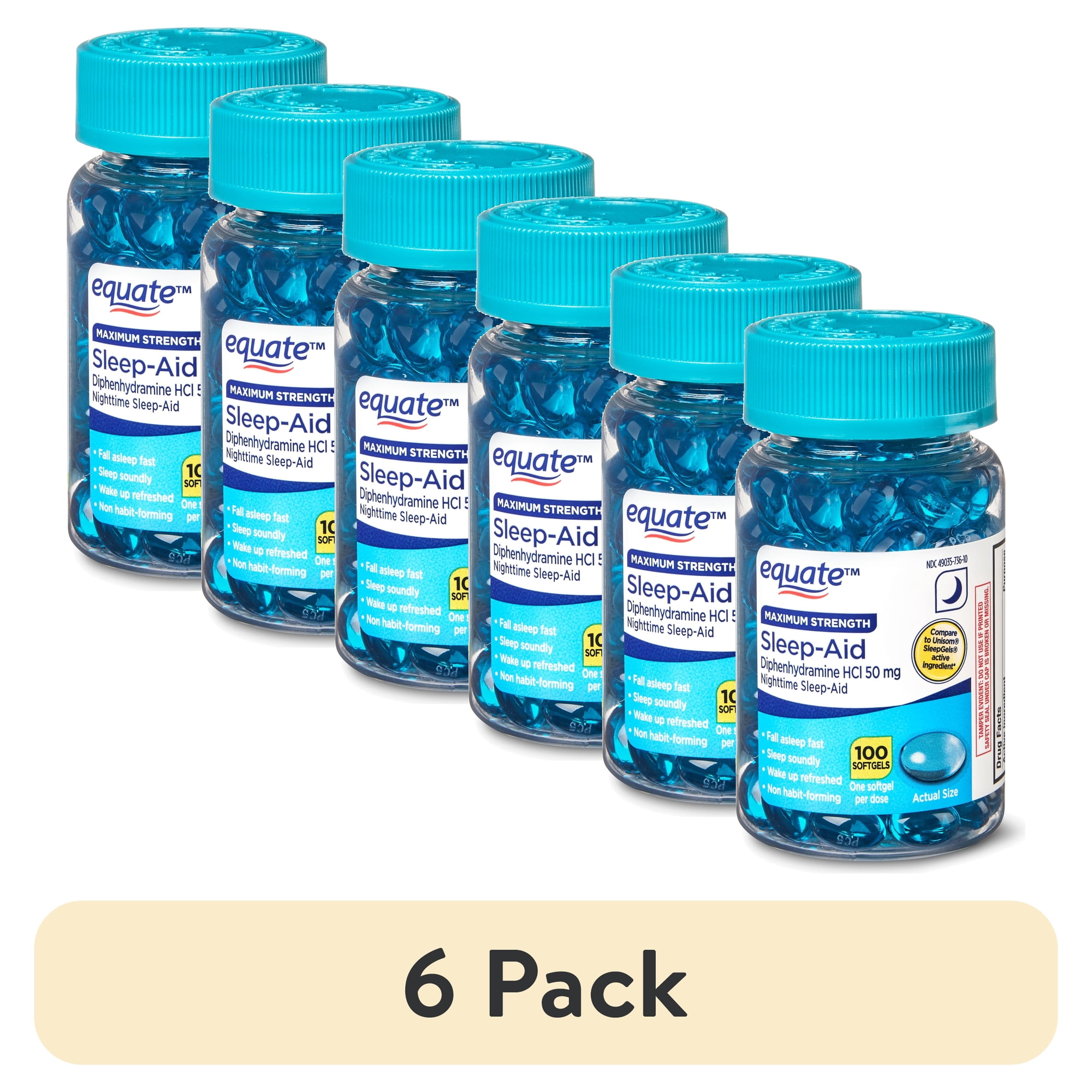 (6 pack) Equate Maximum Strength Nighttime Sleep-Aid Diphenhydramine HCl Sleep Support Softgels, 50 mg, 100 Count, Compare to Unisom® SleepGel®s Active Ingredient