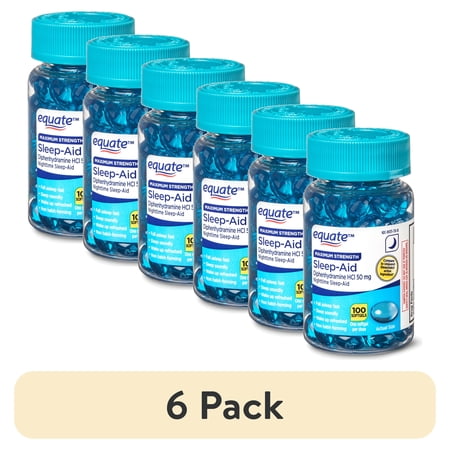 (6 pack) Equate Maximum Strength Nighttime Sleep-Aid Diphenhydramine HCl Sleep Support Softgels, 50 mg, 100 Count, Compare to Unisom® SleepGel®s Active Ingredient