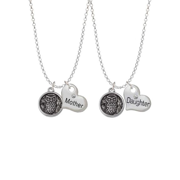 Delight Jewelry Silvertone Antiqued Round Seal - Owl Mother & Daughter Heart Necklaces (Set of 2), 19" 2"