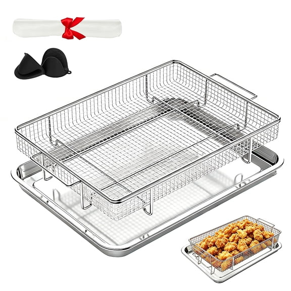 Godance Air Fryer Basket for Oven, 15.8''×11.8'' Air Fryer Basket and Tray with 30 Parchment Papers and Gloves, Stainless Steel Non-Stick Air Fryer Pan and Crisper Tray for Cooking, Dishwasher Safe