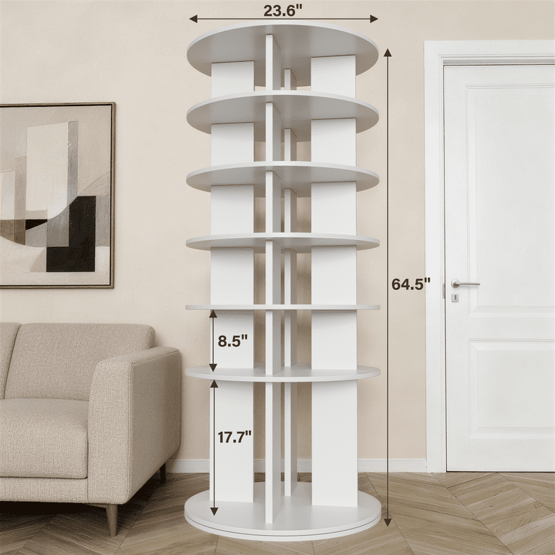 Vineego 6-Tier 360° Rotating Shoe Rack, Round Spinning Storage Organizer for Shoes, Boots & Accessories, Freestanding Tall Display Shelf for Entryway, Closet & Bedroom, White Finish