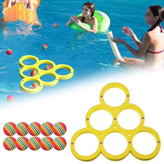 Foam Pool Toss Game with Score, Combo Pool Floats 10 Colorful Tossing Balls & Yellow Triangle Dive Rings, Pool Party Accessories for Family Adult Leisure
