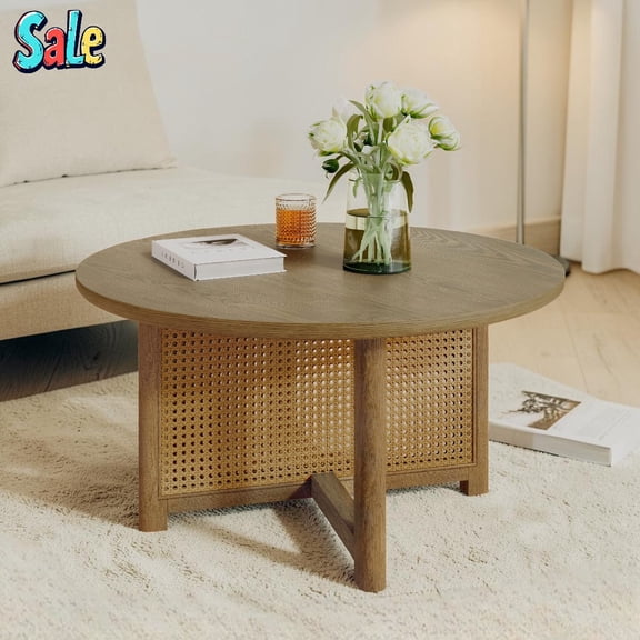 GZXS 32" Round Coffee Table with PE Rattan Accent & Cross Base, Versatile Solid Wood Center Table for Living Room, Bedroom, or Office, Easy Assembly, Natural Wood Finish