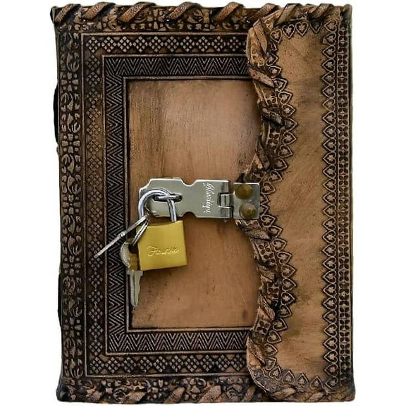 Antique Handmade Leather Bound Journal with Old Fashioned Lock & Key Leather Grimoire Book of Shadows Journal Vintage Leather Blank Journal 7x5 Inch (lock n key)