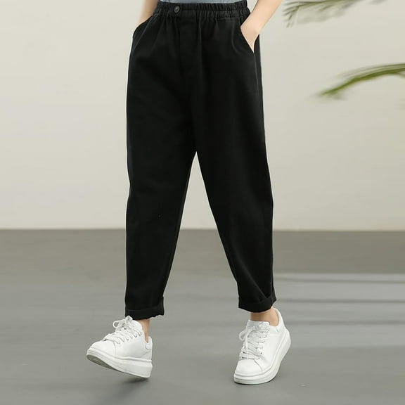 GSPCLAM Cotton Trousers for Women Solid Color Elastic Waist Plus Size Pants with Pockets for Family Fall & Winter Soft Pants Black L