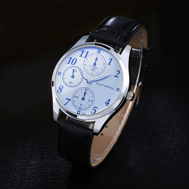 Reloj de cuarzo de cuero PU de moda Reloj masculino con esfera numérica de tres zonas horarias (negro blanco)