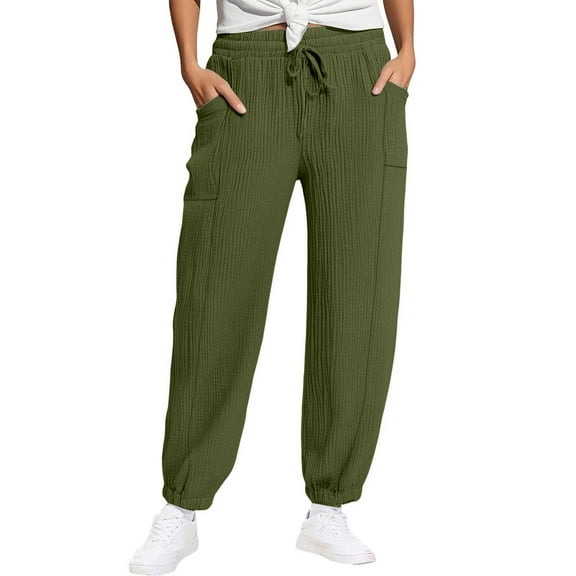 qucoqpe Women’s Pleated Sweatpants with Pockets Loose Fitting Elastic Waist Casual Joggers Solid Color Wide Leg Trousers