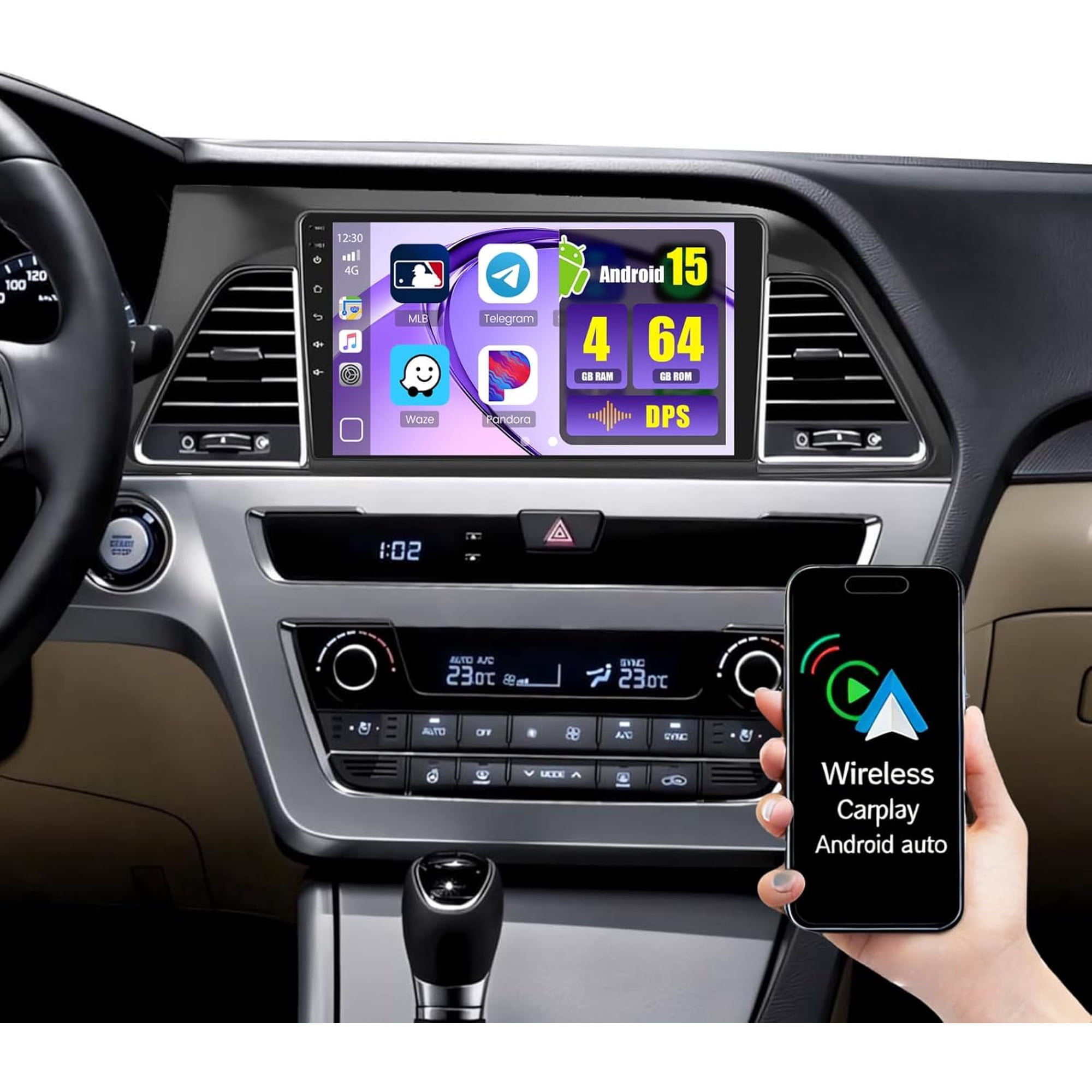 Podofo 4G+64G Android 9” Touchscreen Car Stereo Radio for Hyundai Sonata 2015-2017 Wireless Apple CarPlay Android Auto, GPS/Bluetooth+ Rear Camera