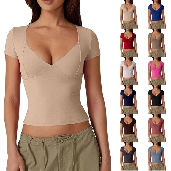 Women's V Neck Short Sleeve Tops With Built-in Seamed Cup And Double Lined Featuring Fitted Cropped Cut Beige L