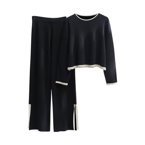Lovskoo Sweater Sets 2 Piece Outfits Women Lounge Sets Long Sleeve Knit Sets Pullover Tops Wide Leg Pants Black