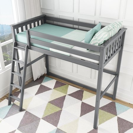 Max & Lily Twin Loft Bed  Solid Wood High Loft Bed with Ladder for Kids  Grey