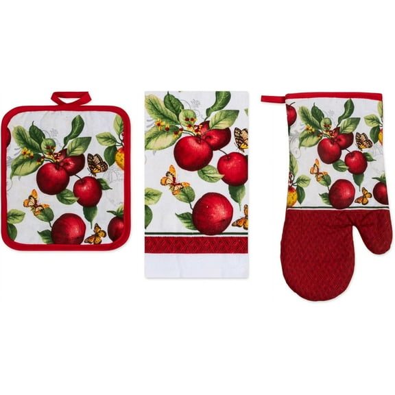 PREMIUS 3 Piece Printed Kitchen Linen Set, Apple Orchard, 1 Cotton Towel, 1 Pot Holder, 1 Oven Mitt