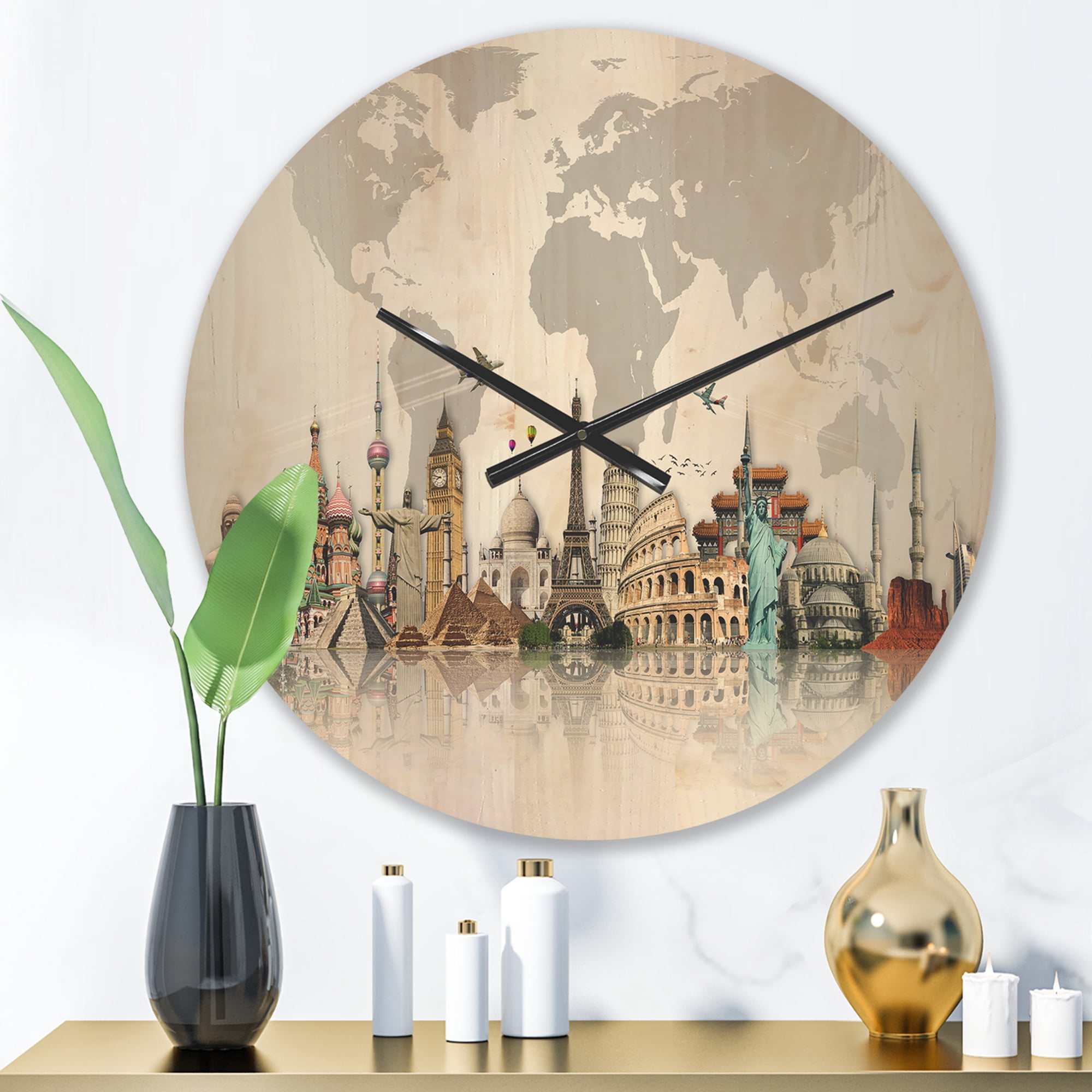 Designart 'World Famous Monuments' Modern Wood Wall Clock