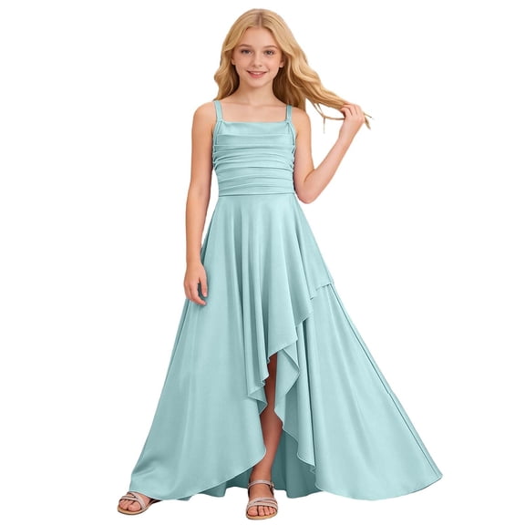 MEZZALL Girls Sleeveless Tiered Ruffle Party Dress With Top Ruched Waist Asymmetrical Bow Back Detail Solid Color Comfort Dresses
