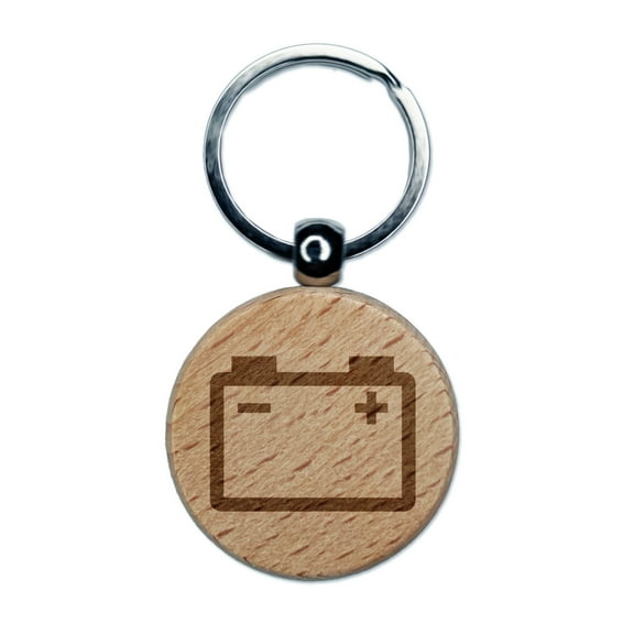 Car Battery Icon Round Keychain Charm Tag - Engraved Wood