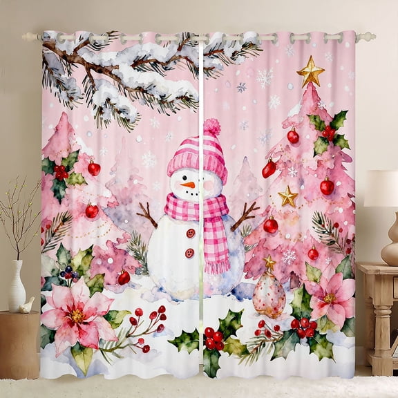 Homewish Cartoon Snowman Child Black Out Curtains, Pink Watercolor Artwork Curtains Pack of 2 (42x63 Each), Merry Christmas Bedroom Curtains, Black Out Curtains Room Decor