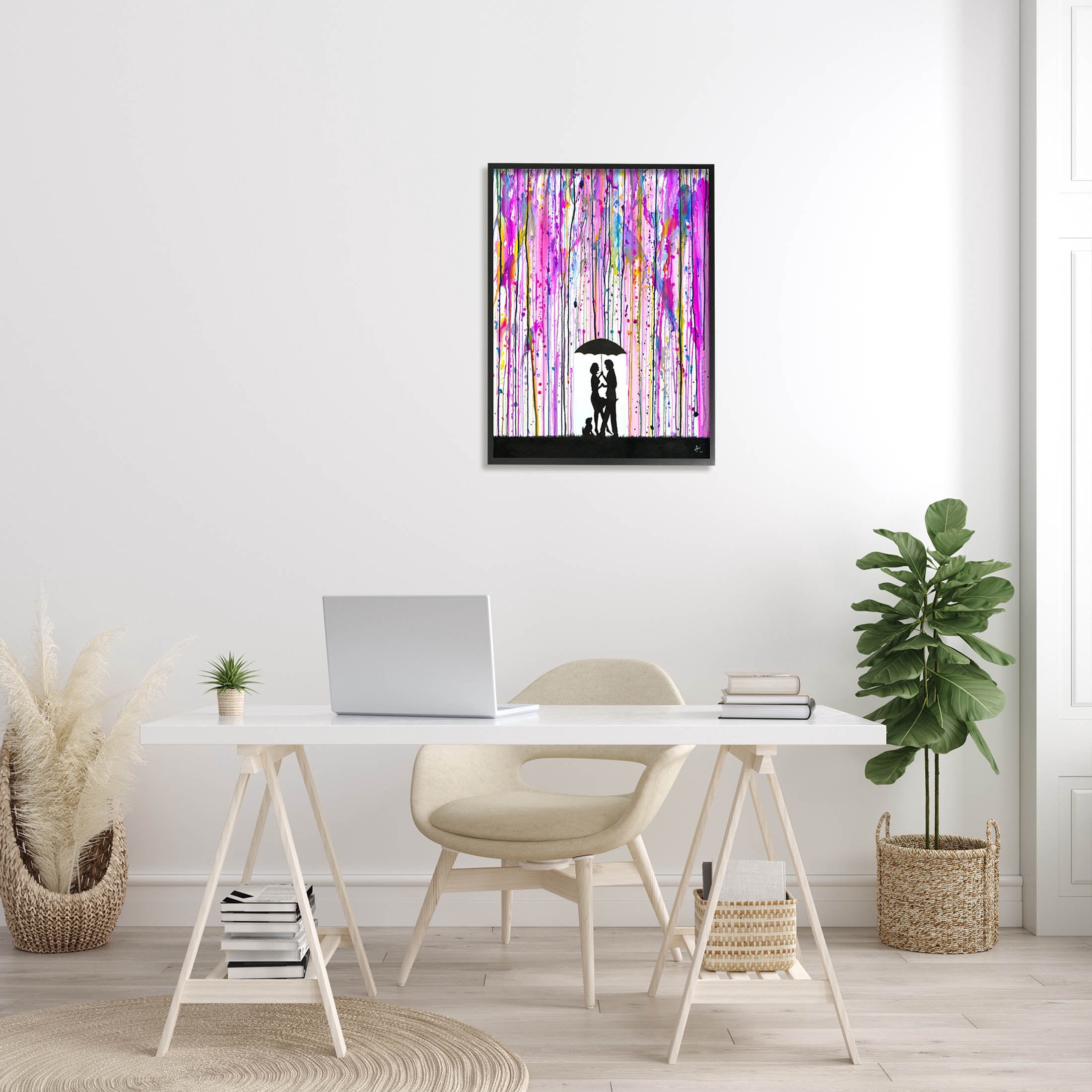 Bold Purple Rainfall Family Silhouette Abstract Graphic Art Black Framed Art Print Wall Art