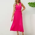 thumbnail image 3 of Women's Summer V Neck Solid Color Irregularly Pleated Long Sleeve Waist Dress Midi Shirt Dress Midi Dress with Slit Maxi Summer Dresses Casual Maxi Dress Women plus Size Dress Misses Dresses V Neck, 3 of 8