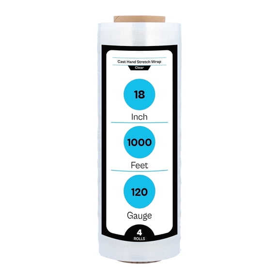 MMBM Cast Hand Stretch Wrap 18" x 1000' 4 Rolls 120 Gauge Clear Plastic Shrink Film for Moving and Wrapping