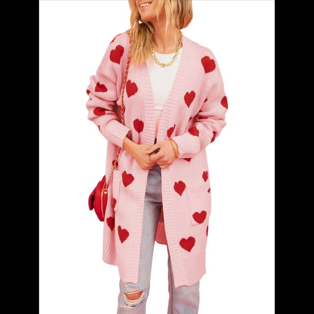 Suéter Cárdigan con Corazón para Mujer, Cuello en V, Abertura Frontal, Punto Acanalado, Abrigos con Bolsillos. Rosa S