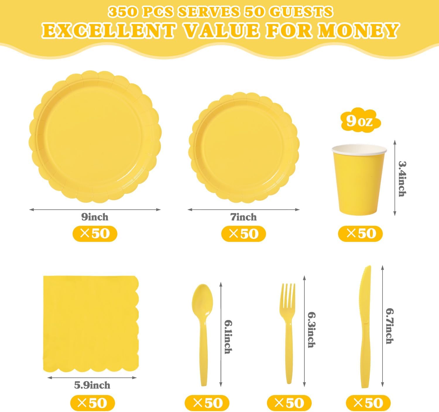 350 Pcs Yellow Disposable Paper Plates and Napkins Set for 50, 9" Dinner Plates & 7" Dessert Plates, Tableware for Birthday, Baby Shower, Picnic, Party