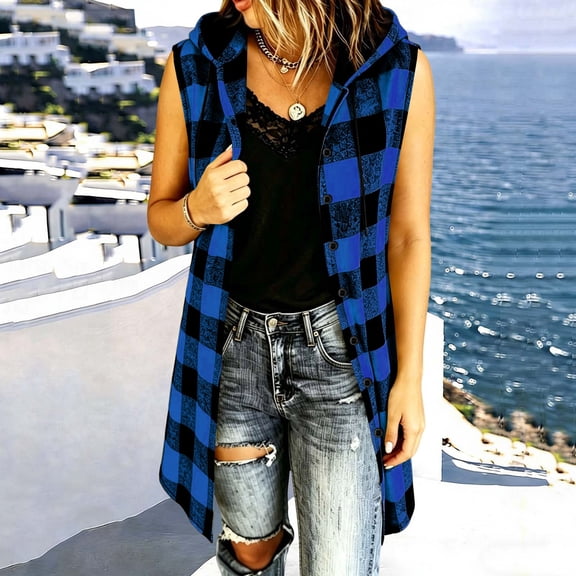 Women's Solid Color Winter Fashion Mid Length Checkered Sleeveless Hooded Jacket For Stylish Layering