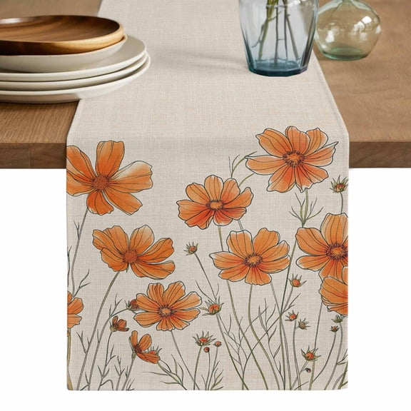 Orange Spring Floral Table Runner, Summer Botanical Rustic Daisy Washable Cotton Linen Table Runners 36 Inches Long, Dresser Scarf Runner for Nightstand/End Tables/Round Tables 13''x36''