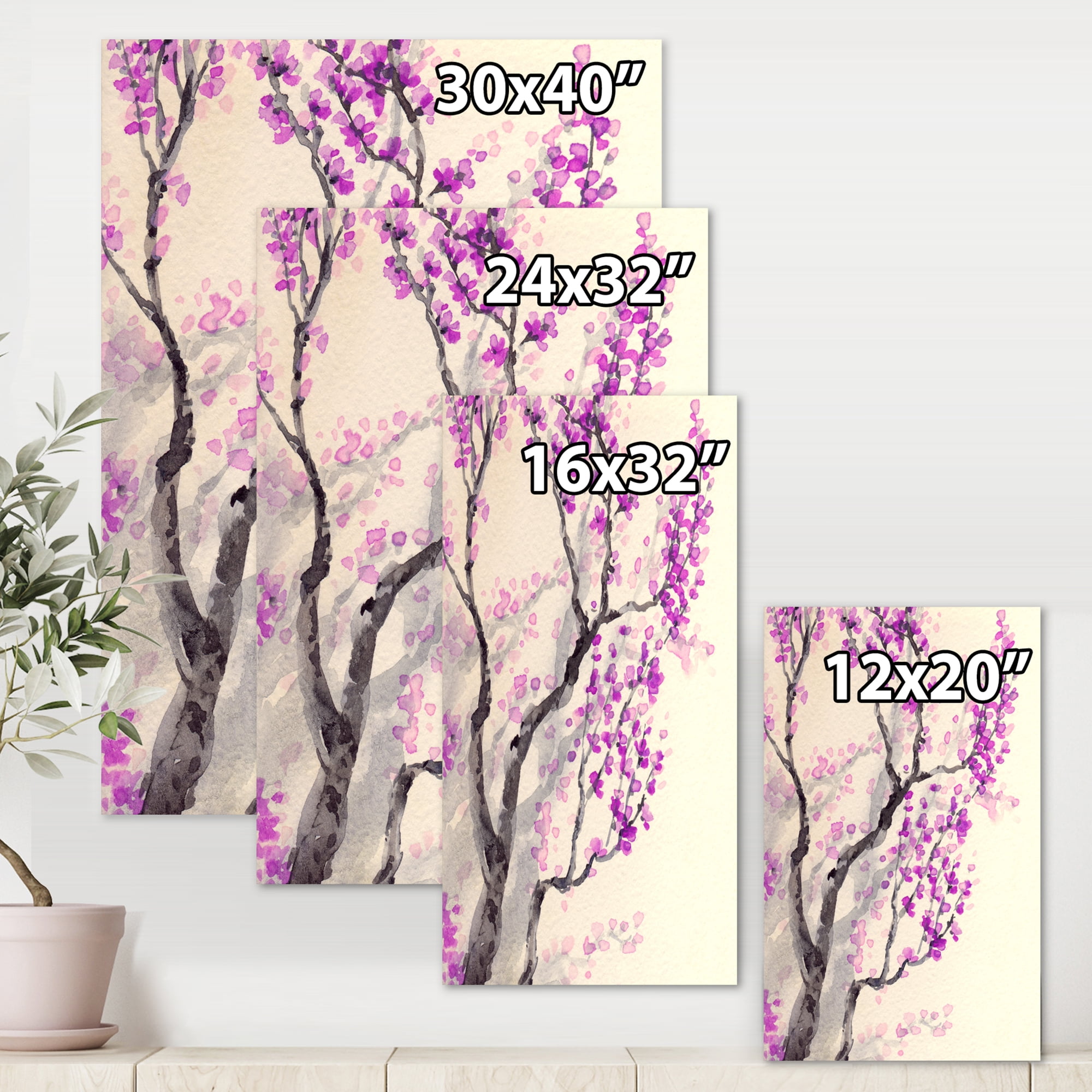 Abstract Spring Purple Flowers On Tree Branches 8 in x 12 in Painting Canvas Art Print, by Designart