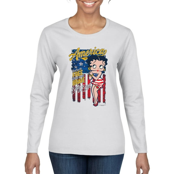 Wild Bobby, Betty Boop America Land of the Free Home of the Brave Betty Boop Womens Long Sleeve T-Shirt, White, Small