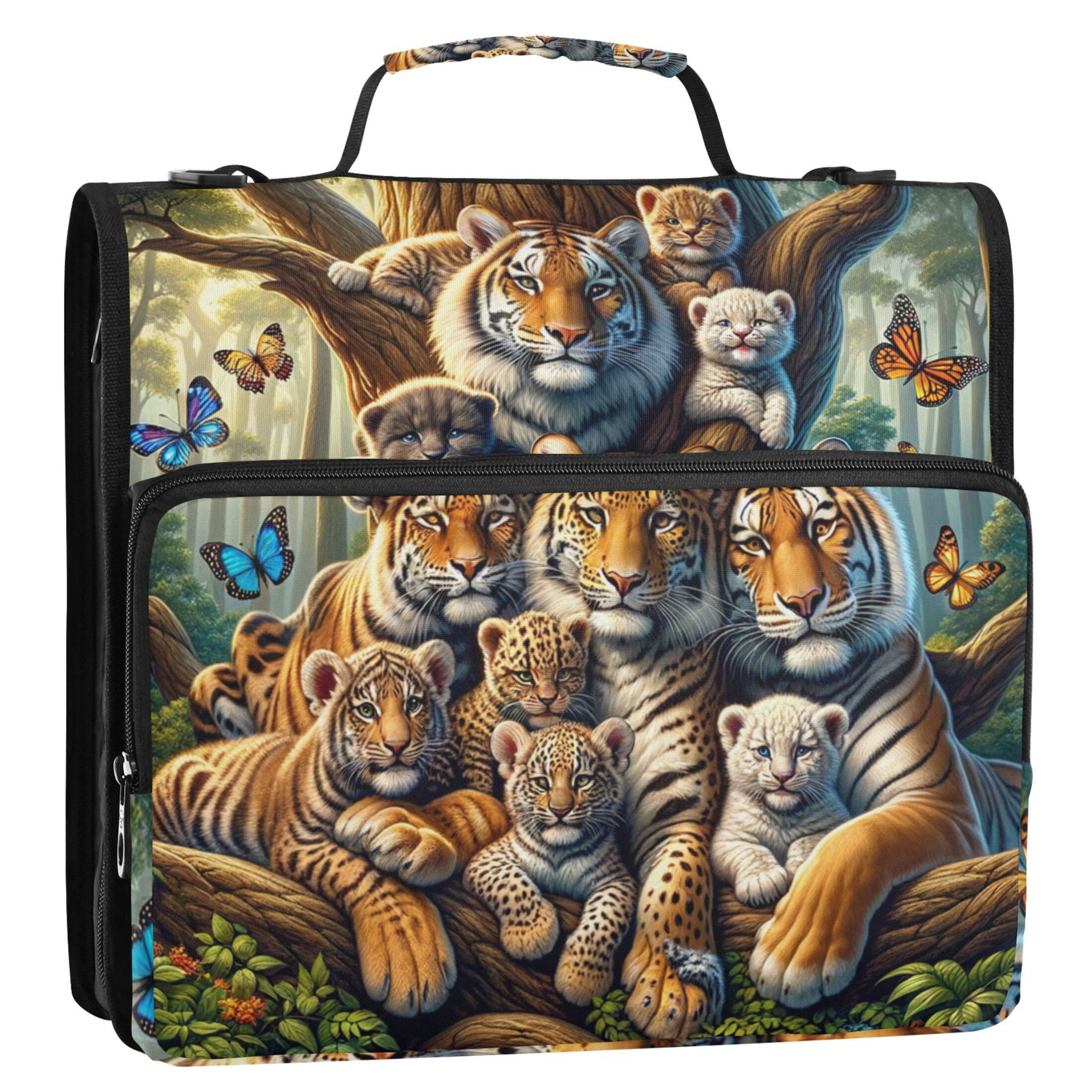 3 Ring Zipper Binder with Shoulder Strap Waterproof Trapper Keeper 2 Inch D-Ring 500 Sheets Capacity Family Tigers and Leopards