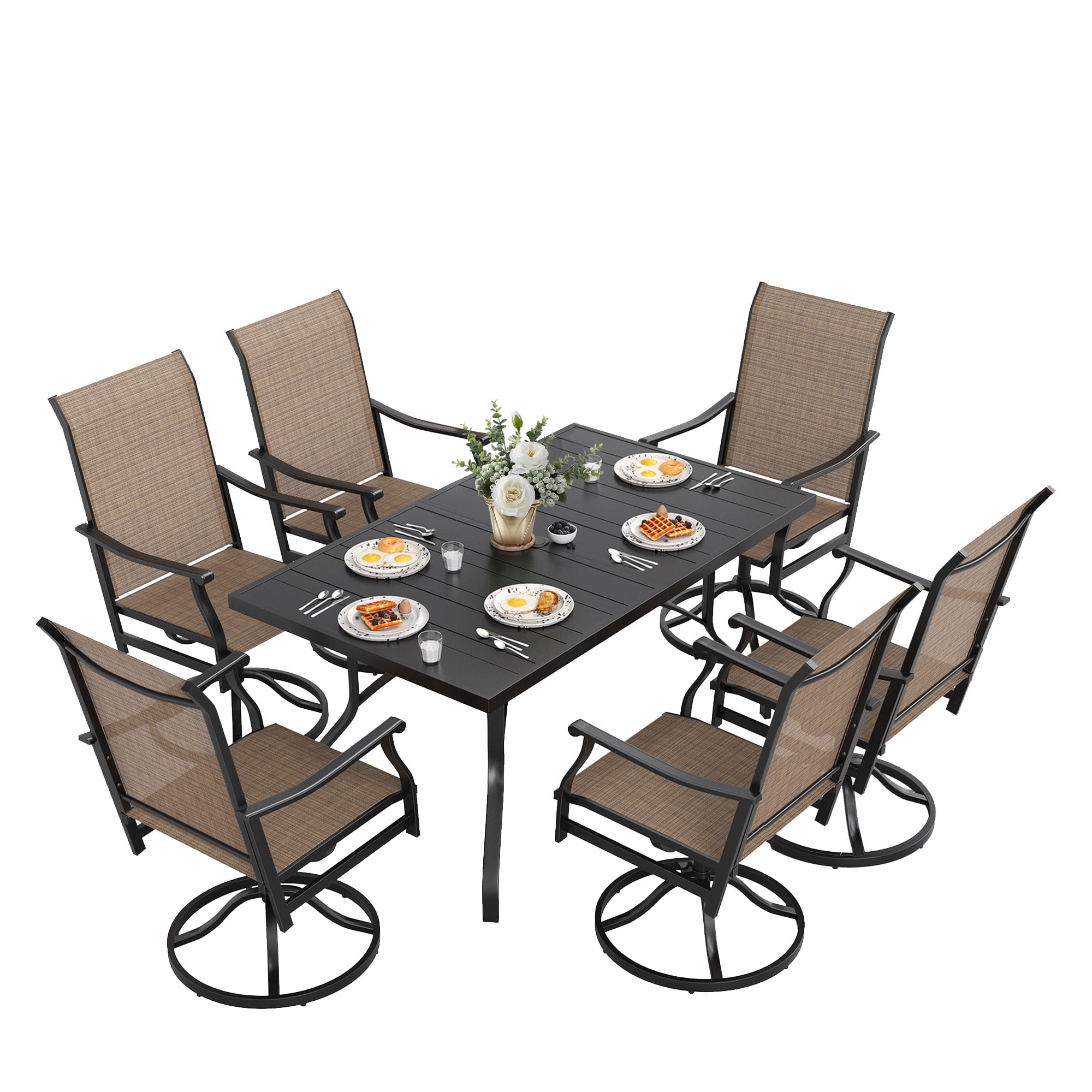 MAYEERTY 7-Piece Patio Dining Set:1 Black Rectangular Table with 1.57" Umbrella Hole & 6 Brown Swivel Textilene Chairs