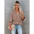 thumbnail image 4 of Womens Striped Sweater Coat Casual Long Sleeve Open Front Button Down Loose Knit Cardigan Fall Brown M, 4 of 9