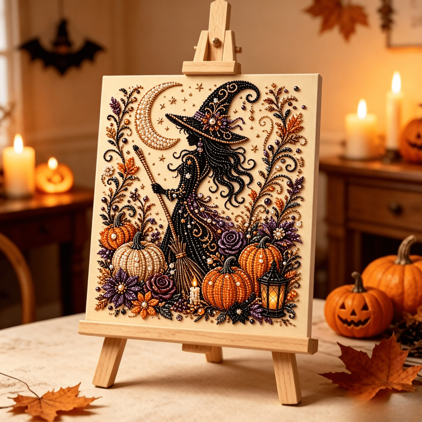 Fall Halloween Witch Pearl Art Kit Special Rhinestone Pearl Canvas Painting with Pumpkin Moon Flowers DIY Craft Wall Decor for Bedroom Living Room Halloween Ornament Style C