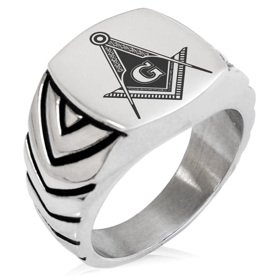 Tioneer Stainless Steel Freemasons Masonic Royal Compass Chevron Pattern Biker Style Polished Ring
