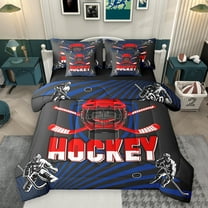 Homewish Hockey Theme 7-Piece Twin Bedding Sets,Ice Hockey Helmet Bedding Comforter Set,Red Black Sheet Sets For Kids,Microfiber Bedroom Decor Reversible