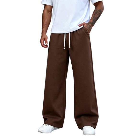 Men's Wide Leg Sweatpants Drawstring Elastic Waist Baggy Casual Loose Straight Leg Solid Color Lounge Pants with Pockets