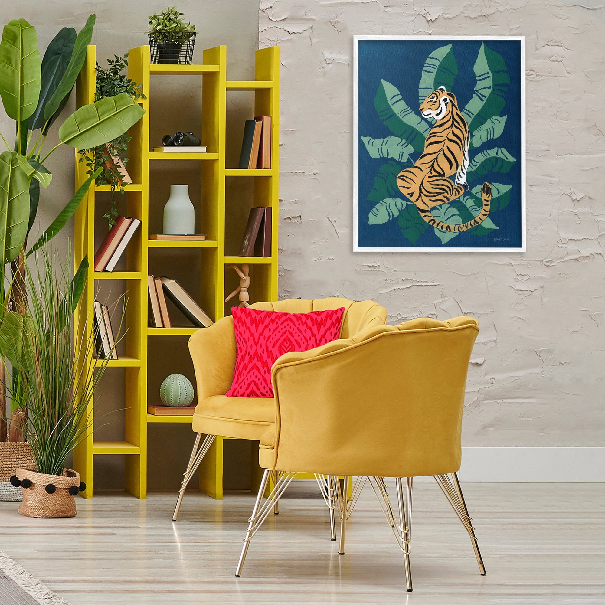 Stupell Industries Tiger Sitting over Palms Animals & Insects Painting White Framed Art Print Wall Art, 24 x 30
