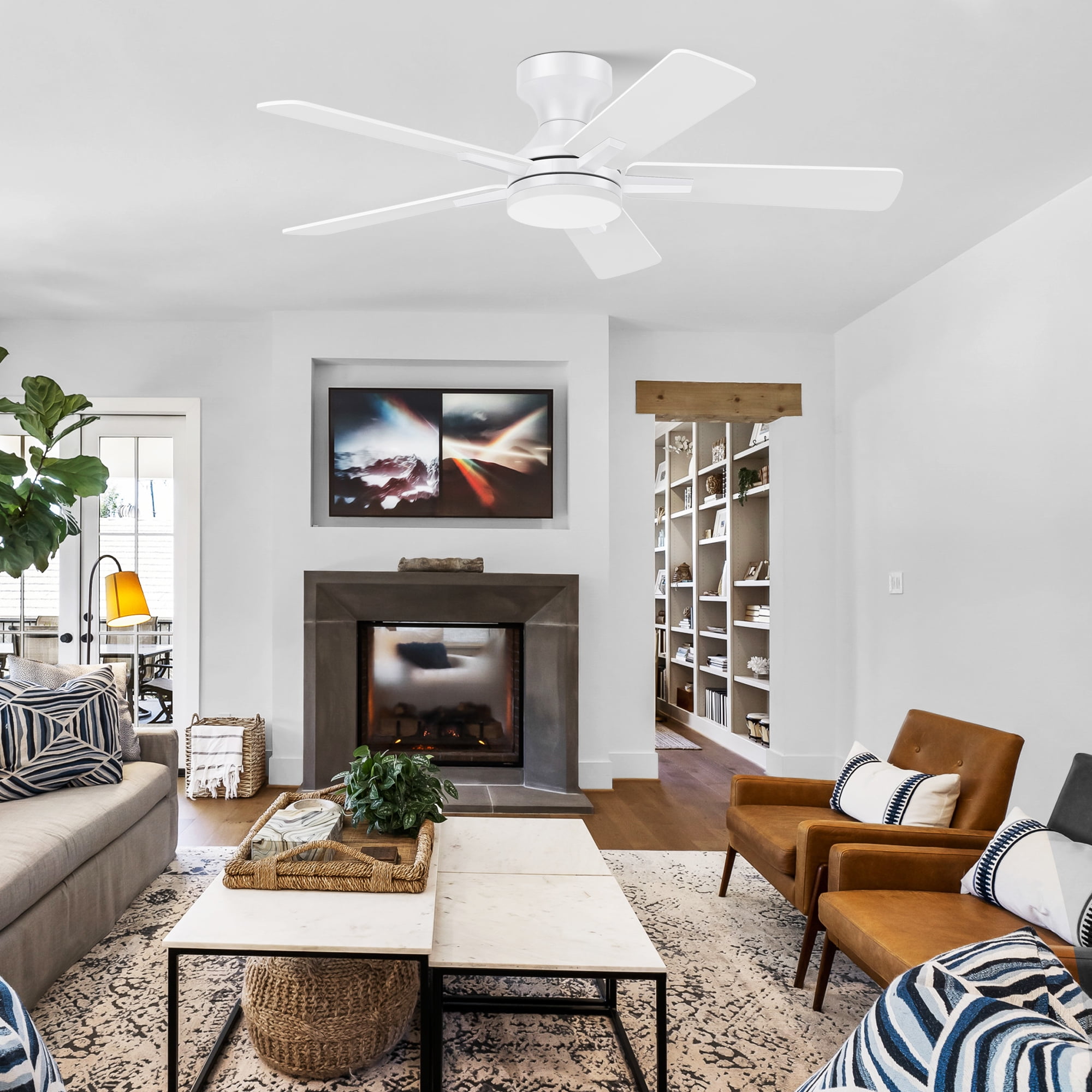 42” Smart Wood Flush Mount Ceiling Fans with Lights Remote,Quiet DC Motor,Outdoor Indoor Low Profile Ceiling Fan,Dimmable,6-speed,for Modern Bedroom Patio