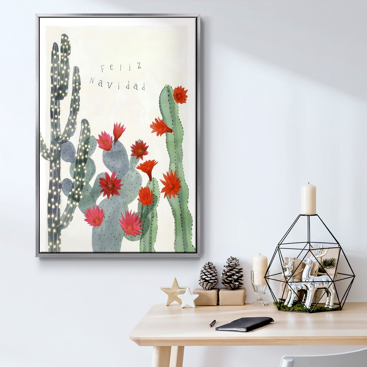 Desert Christmas Cactus II - Framed Gallery Wrapped Holiday Canvas - 27 x 41 - Silver Frame