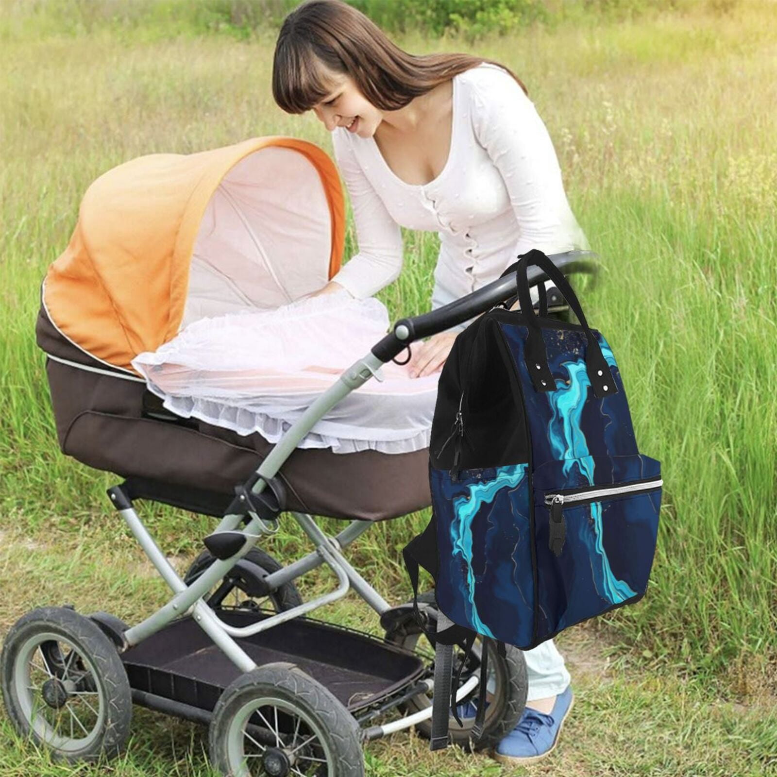 Ratiio Blue Marble And Gold Mummy Backpack - Waterproof Twill Canvas, Large Capacity Diaper Bag with Multiple Pockets and Adjustable Straps