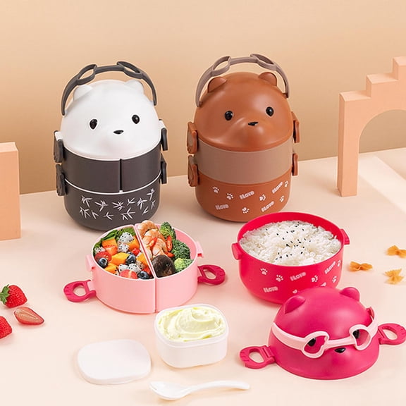Cute Bear Double-Layer Bento Box, Japanese Style Food-Grade Leakproof with Spoon & Handle, Large Capacity Microwave Safe for Office Home Daily Lunch Use, Gray