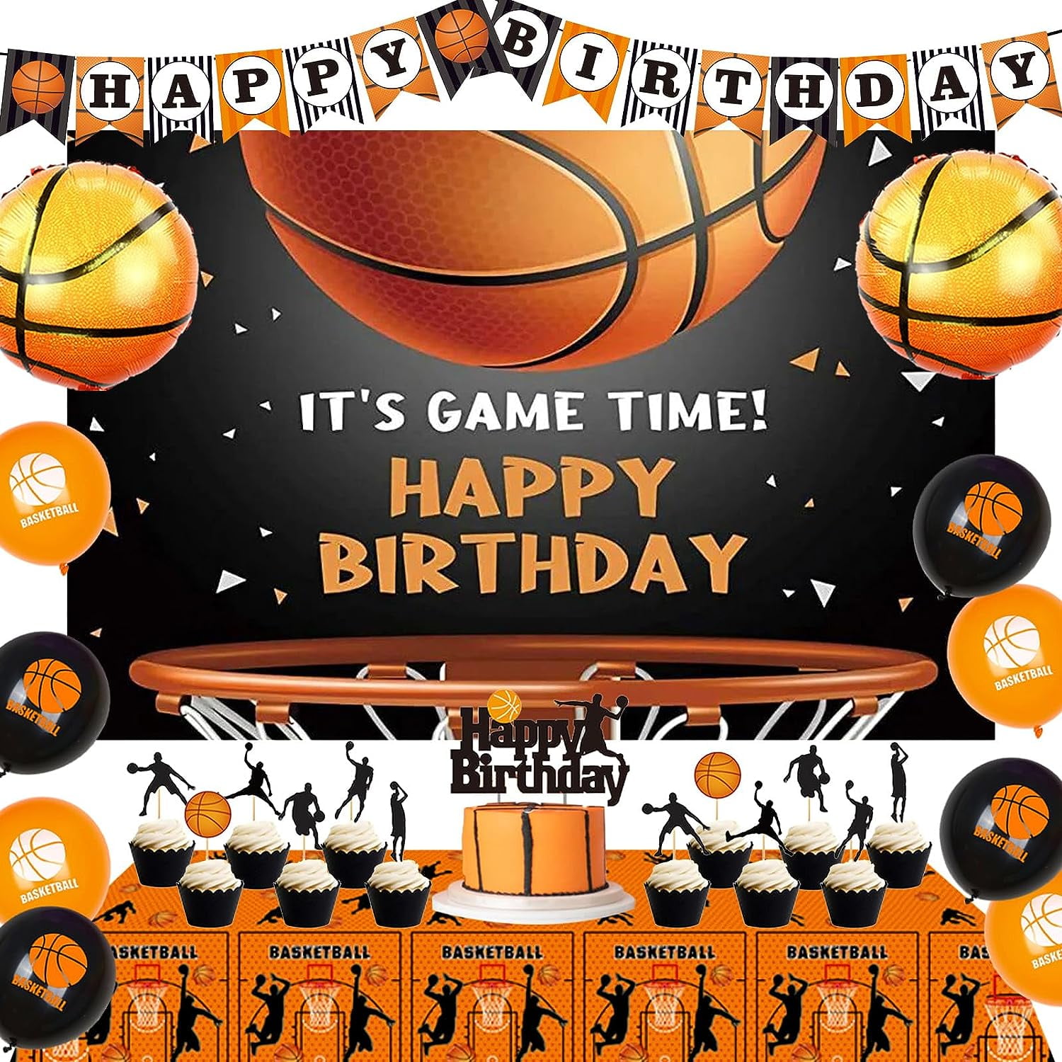 Basketball Birthday Party Decorations Boys, Happy Birthday Backdrop Banner with Cake Topper, Tablecloth, Cupcake Toppers, Printed Balloons for It's Game Time Basketball Decor Sport Theme Parties