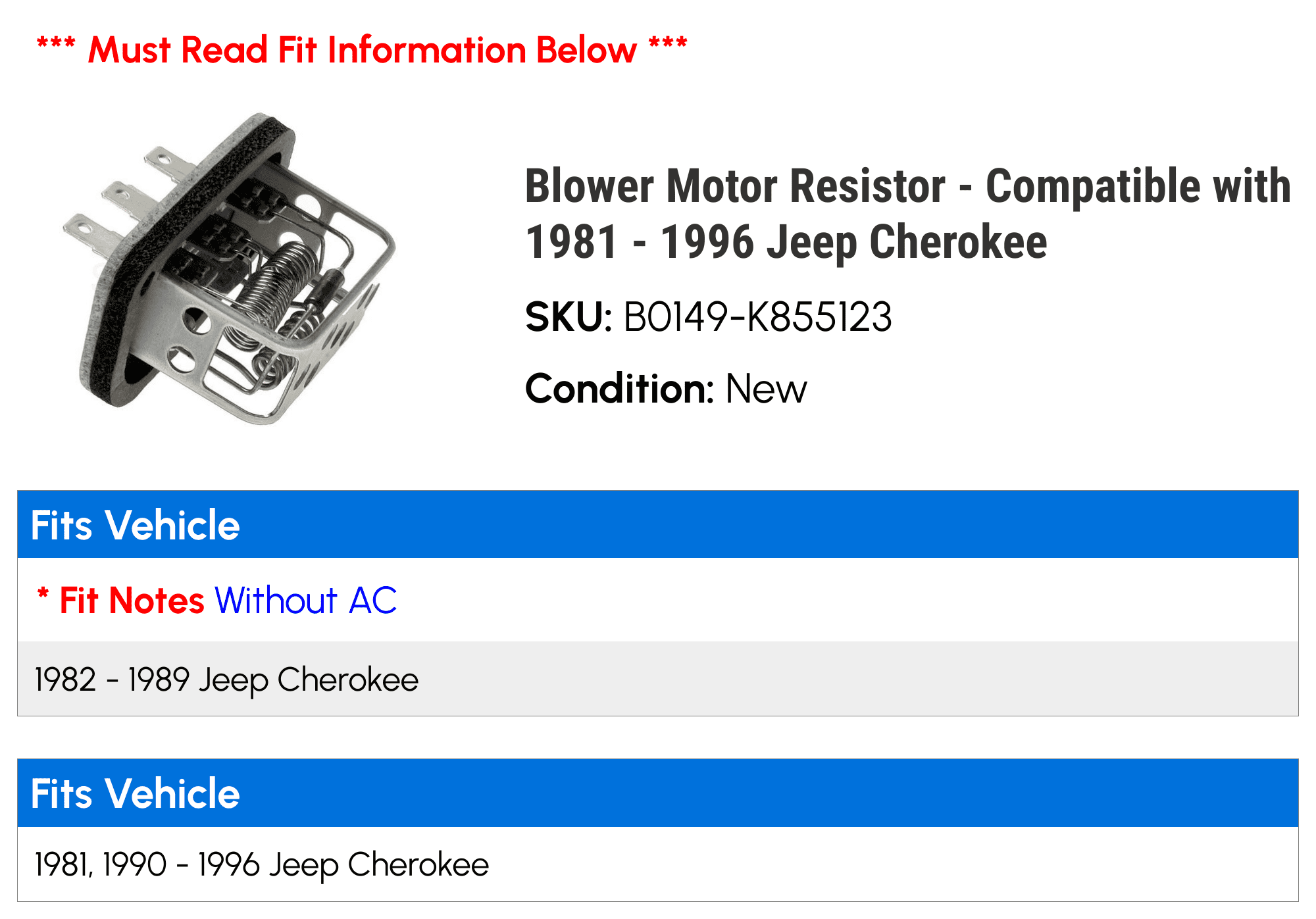 Blower Motor Resistor - Compatible with 1981 - 1996 Jeep Cherokee 1982 1983 1984 1985 1986 1987 1988 1989 1990 1991 1992 1993 1994 1995