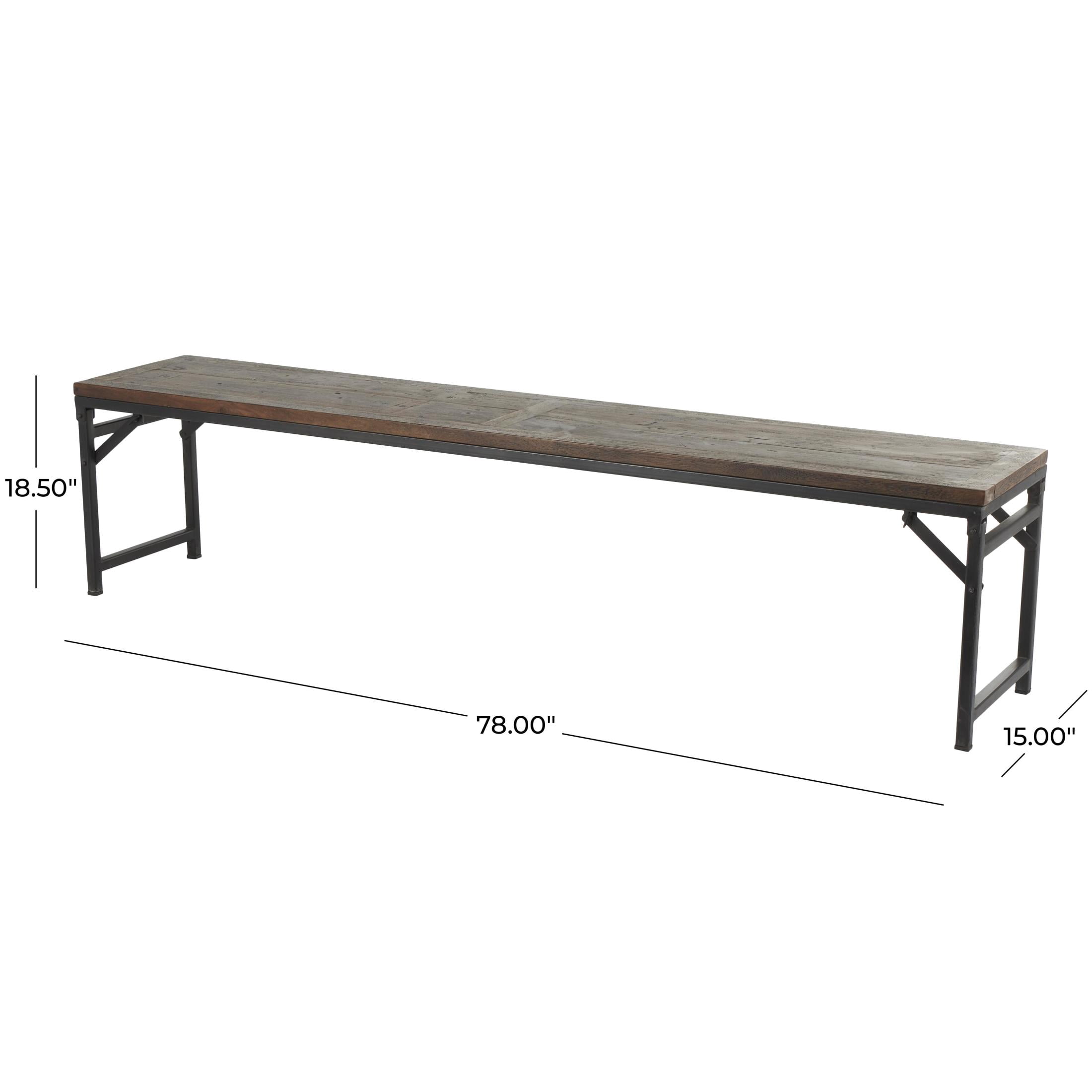 DecMode Teak Wood Long Bench with Black Metal Legs, Dark Brown