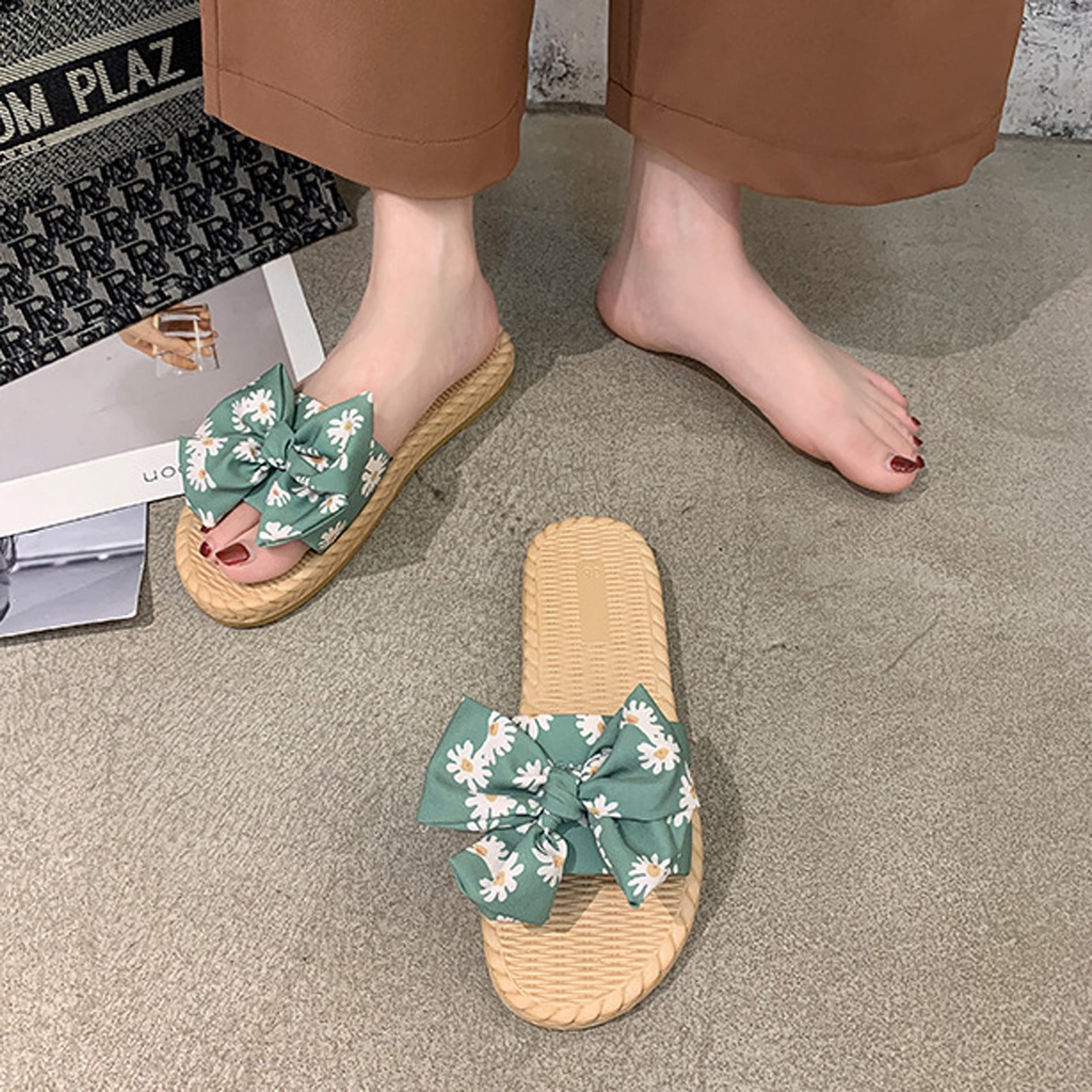 Jovati Fashion Women Ankle Strap Summer Slide Sandals Flats Flip Flops Shose Green