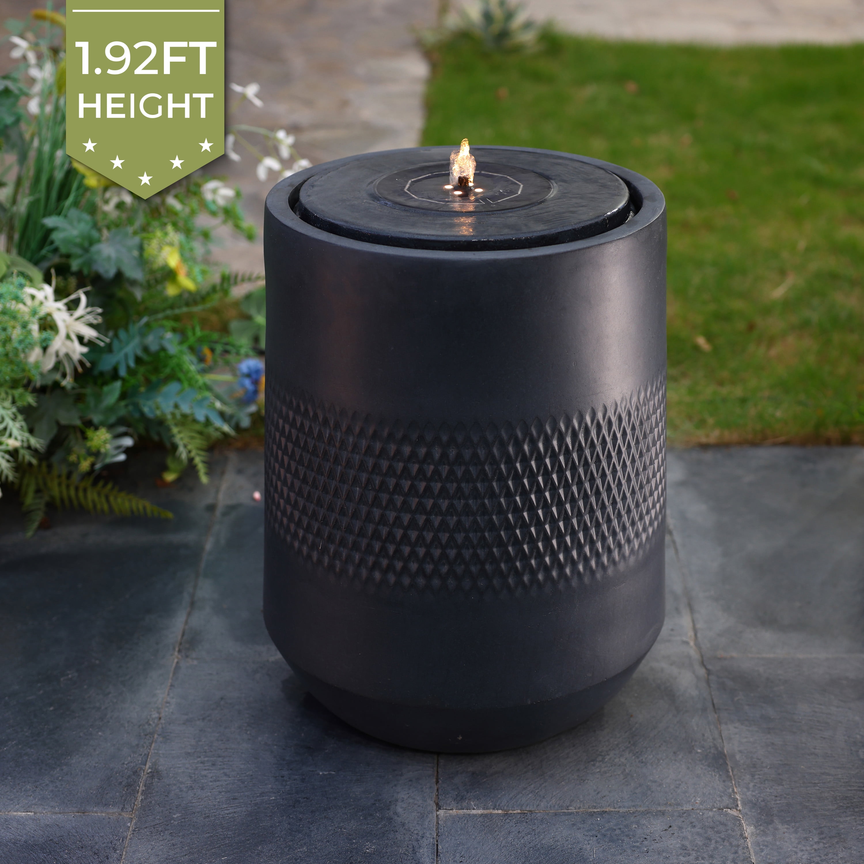 LuxenHome Dark Gray Resin Round Bubbler 23" Tall Outdoor Fountain with Lights, Solar Powered