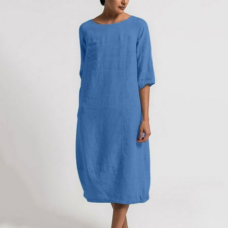 

Jsaierl Women s Cotton Linen Dresses Short Sleeve Summer Plus Size Maxi Dress Elegant Solid Color Round Neck Dress Vacation Stylish Dresses 2023