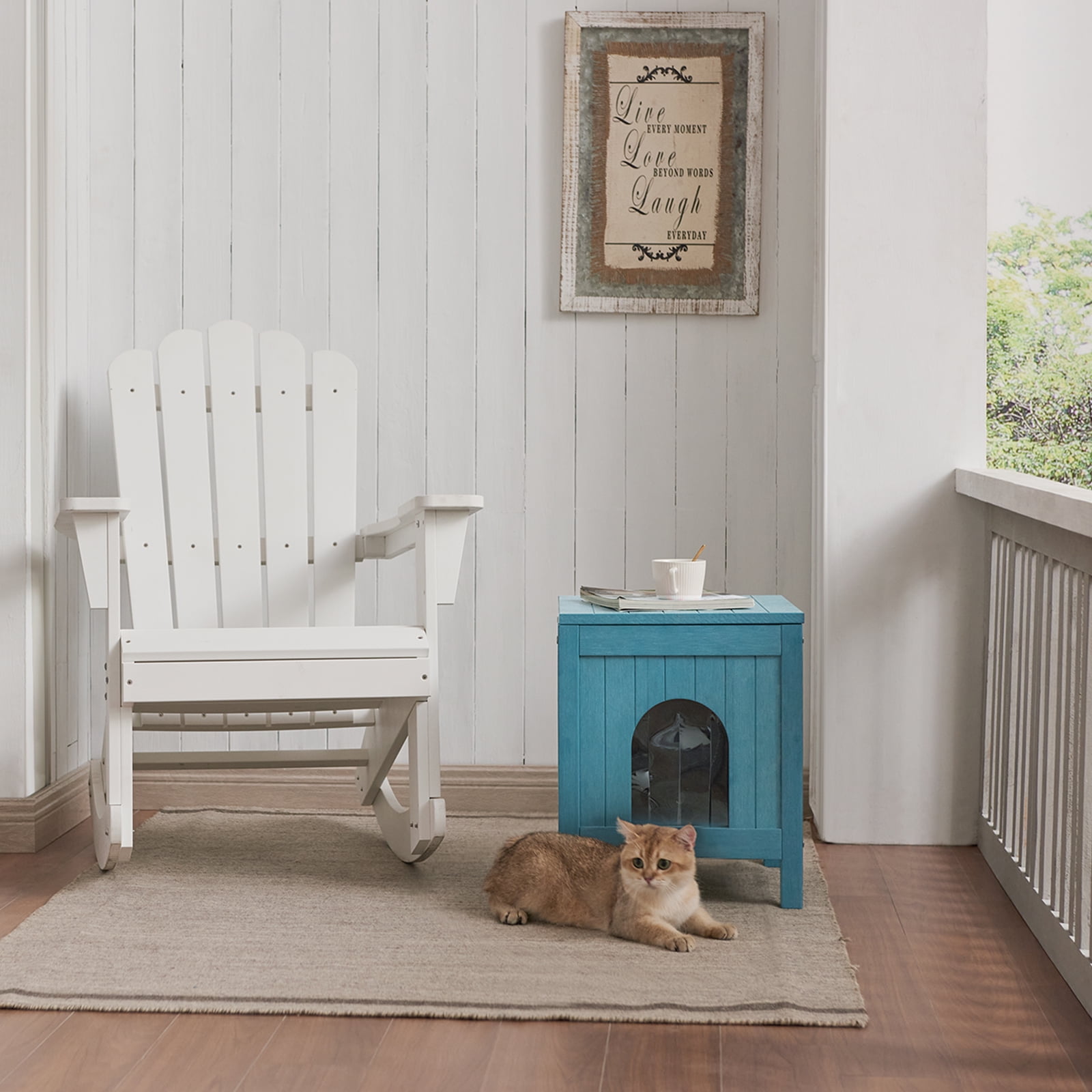 GONICHA Insulated Cat House, Weatherproof Poly Lumber Outdoor Cat House, Moisture-Proof Elevated Cat Shelter with Side Table Function, Openable Roof to Easy Cleaning Cat Houses for Outdoor Cats-Blue